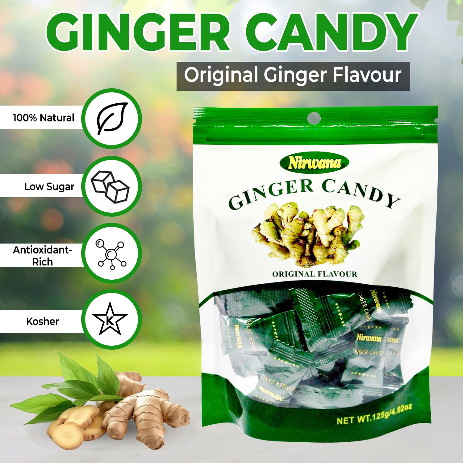 Nirwana Ginger Candy – Individually Wrapped for Nausea Relief, Freshness & Motion Sickness Support – Bulk Candy for Travel, Pregnancy, and Everyday Enjoyment 125G/4.02 oz Original Flavour (1pack)
