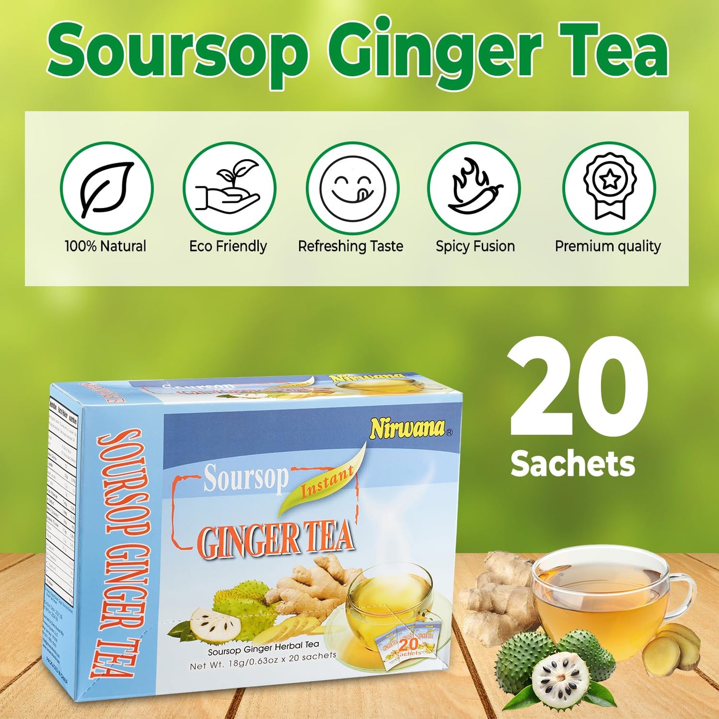Nirwana Soursop Ginger Tea – 20 Sachets | Instant Herbal Tea for Wellness