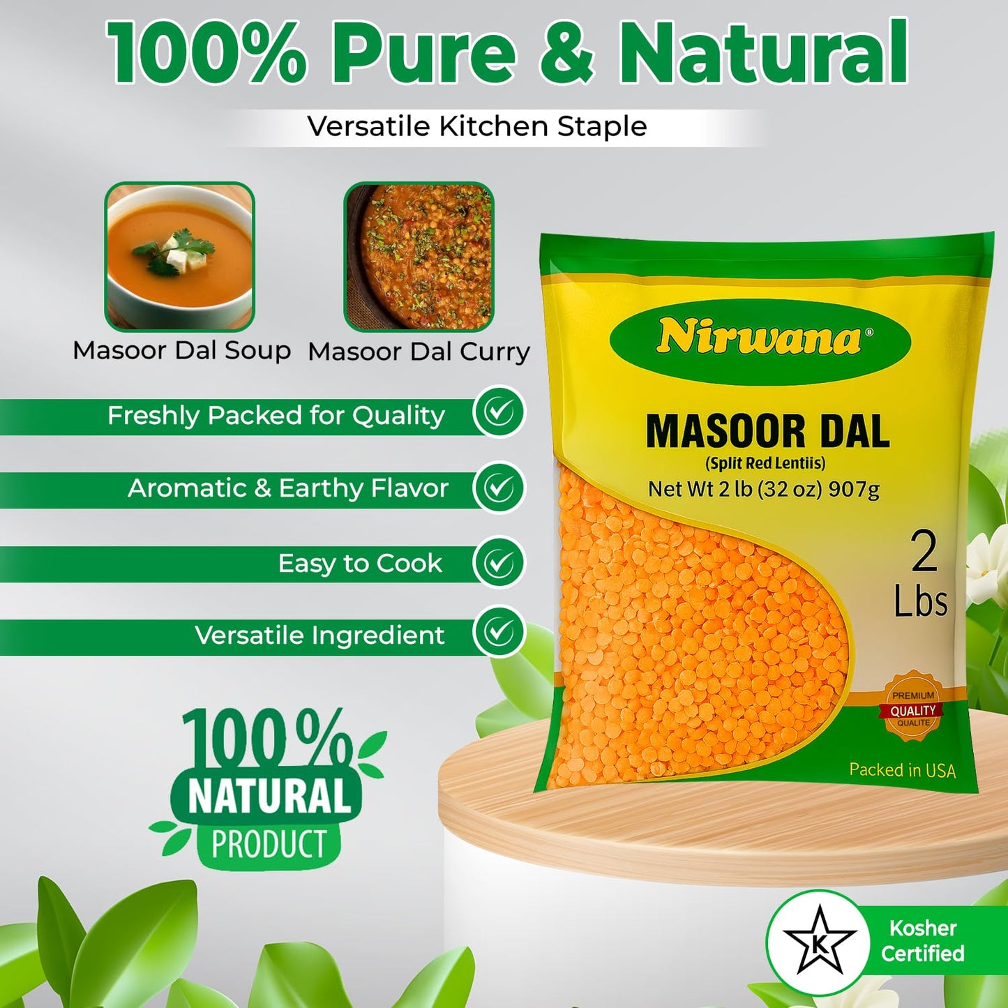 Nirwana Red Split Lentils (Masoor Dal) – 2 lbs Bag | Protein-Rich Pantry Staple for Soups & Curries