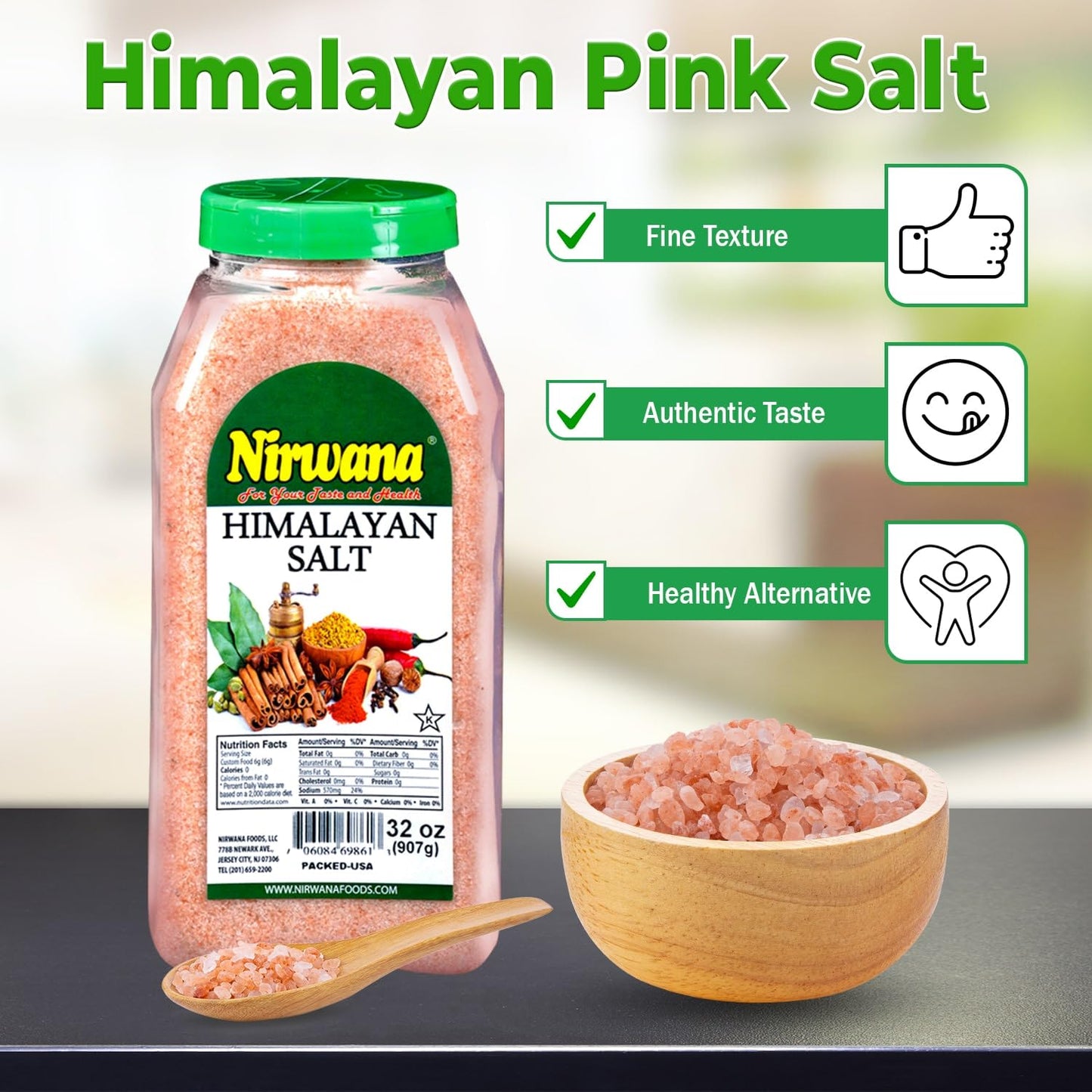 Nirwana Himalaya Pink Salt Fine 32 oz - Plastic Jar - Flaky, & Mineral-Rich – Compatible with Spice Grinders & Salt Shakers