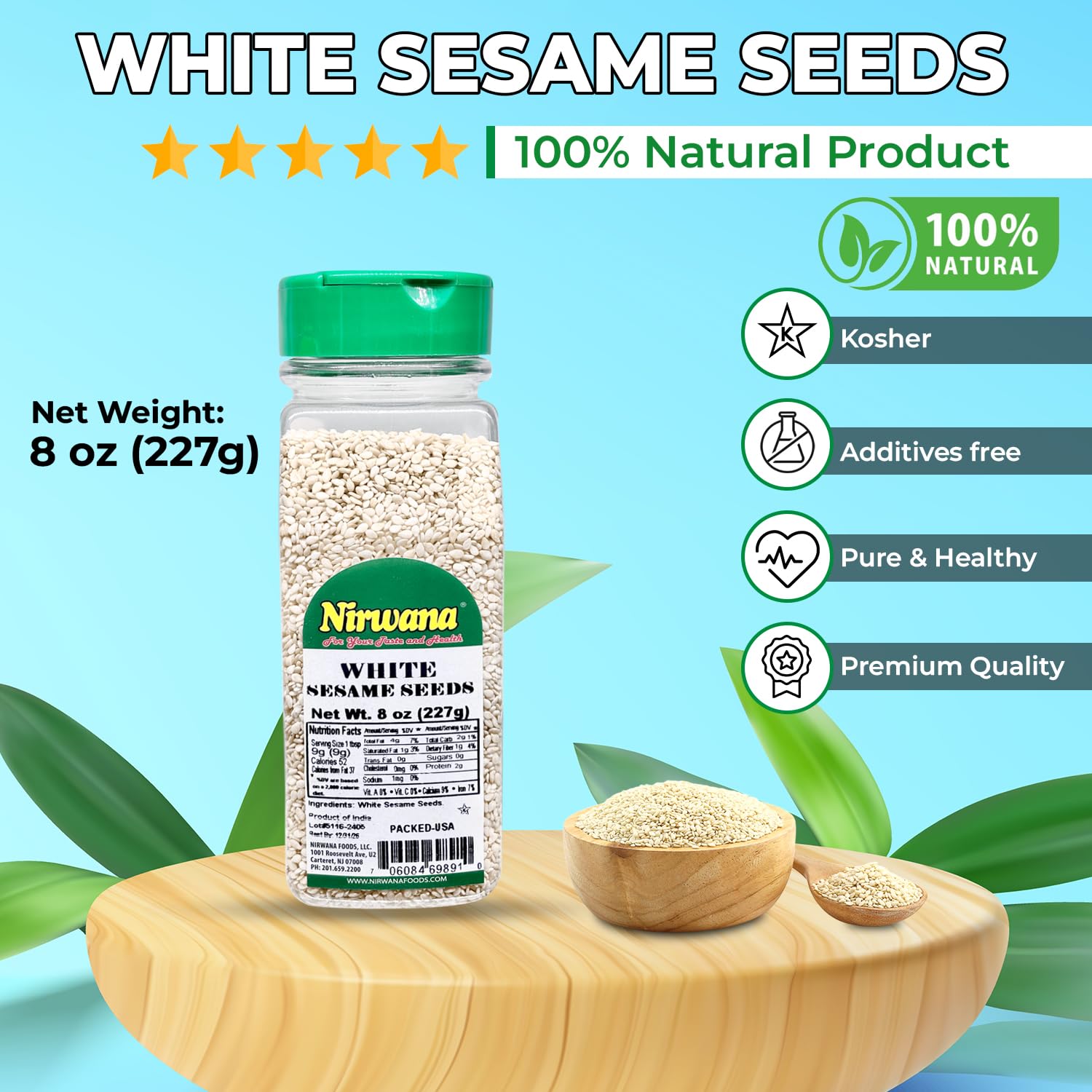 White Sesame Seeds Premium Raw and Untoasted | Perfect for Cooking, Baking, and Garnishing | Ideal for Hummus, Sushi, Bagels, and More | EBT Eligible Jar By Nirwana - 8 oz - Free of artificial preservatives or chemicals