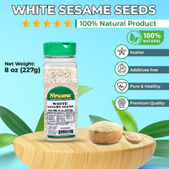 White Sesame Seeds Premium Raw and Untoasted | Perfect for Cooking, Baking, and Garnishing | Ideal for Hummus, Sushi, Bagels, and More | EBT Eligible Jar By Nirwana - 8 oz - Free of artificial preservatives or chemicals