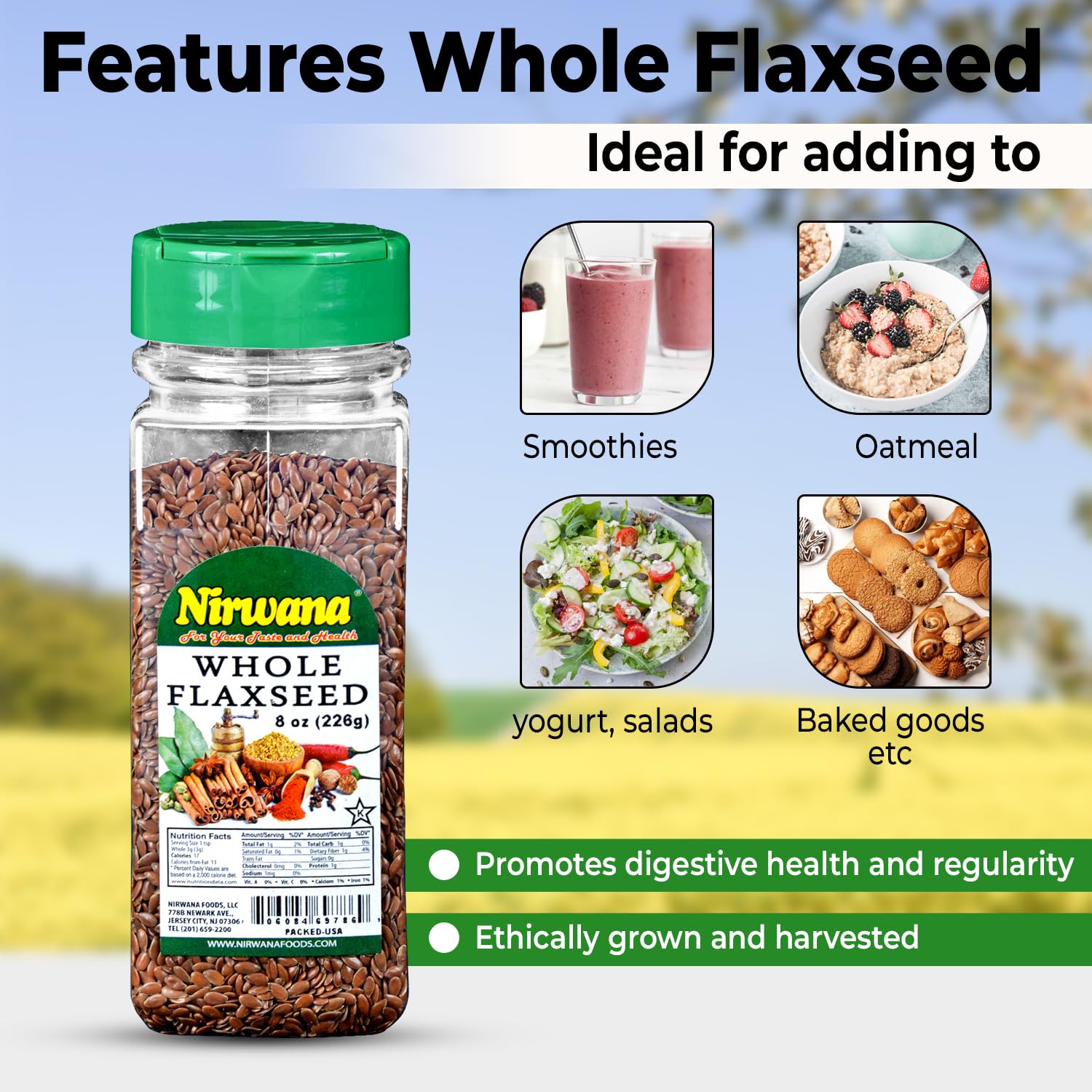 Whole Flaxseeds - Fiber, and Nutrition - Ideal for Smoothies, Baking, and Healthy Recipes - Rich in Antioxidants and Versatile Use - 8 oz Jar by Nirwana