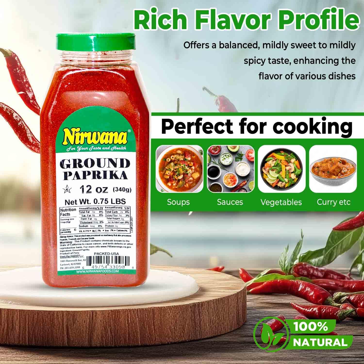 Premium Paprika – Bold, Smoky Flavor for Cooking and Seasoning – Perfect for Stews, Grilled Meats, and Vegetables – Essential Spice Rack Staple Jar By Nirwana - 12oz