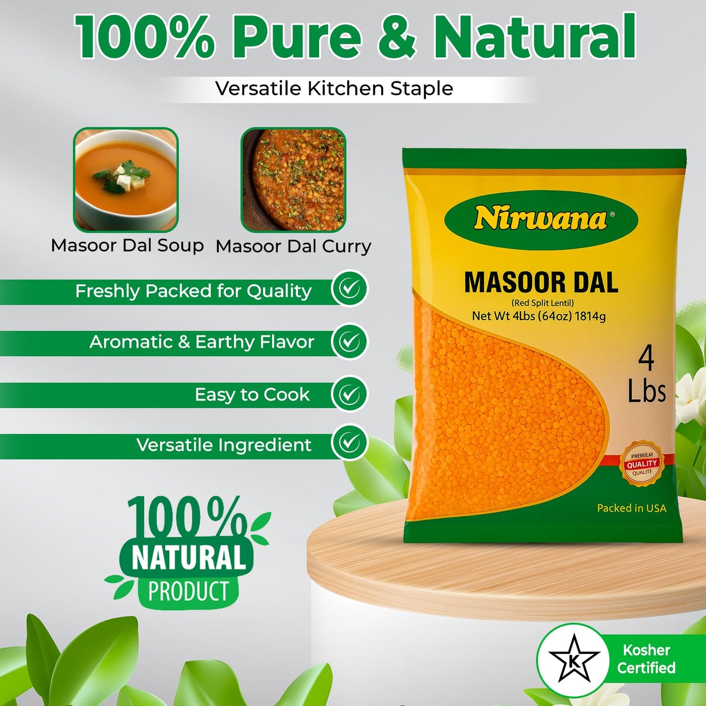 Nirwana Red Split Lentils (Masoor Dal) – 4 lbs Bag | Premium Red Lentils for Cooking & Soups