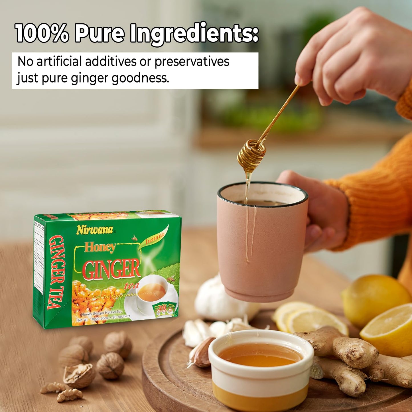 Nirwana Honey Ginger Tea – Instant Tea Blend (10 & 20 Sachets) | Soothing Herbal, Caffeine-Free Wellness Tea