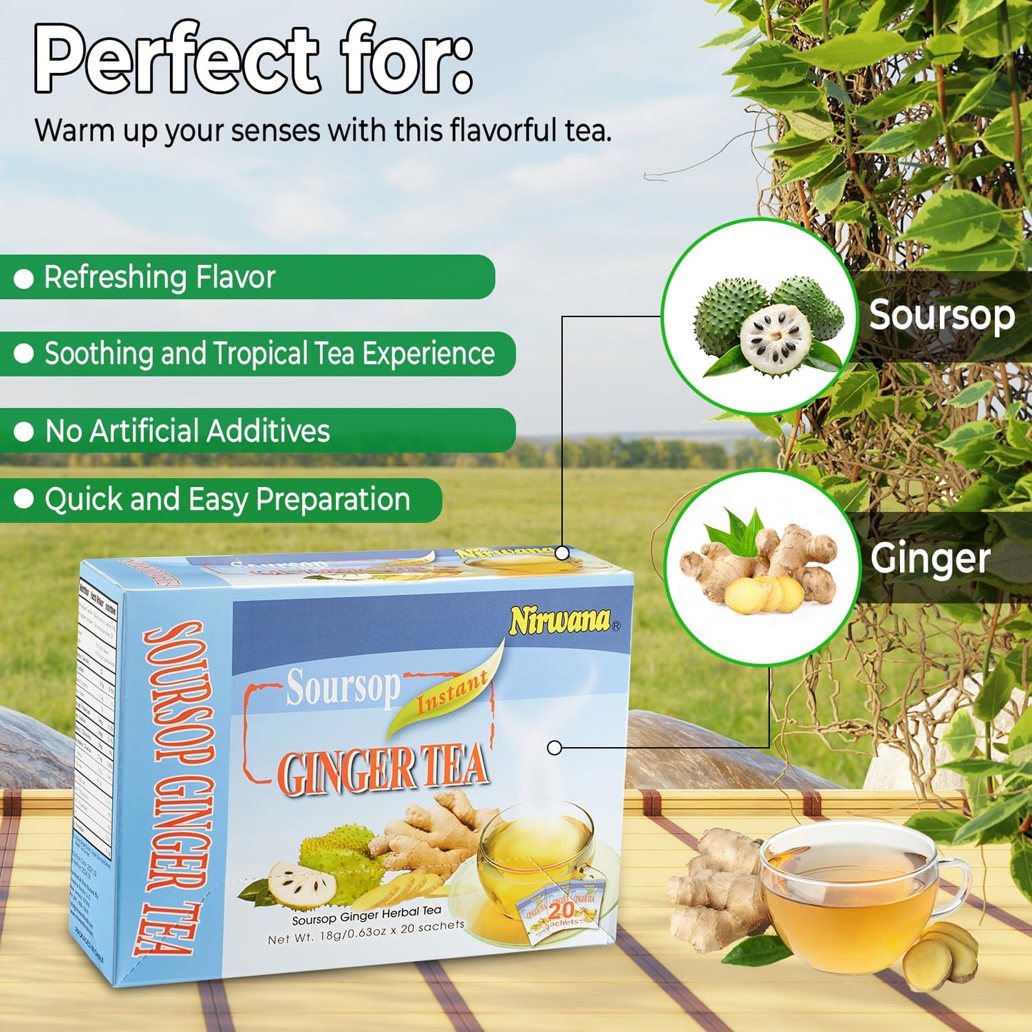 Nirwana Soursop Ginger Tea – 20 Sachets | Instant Herbal Tea for Wellness