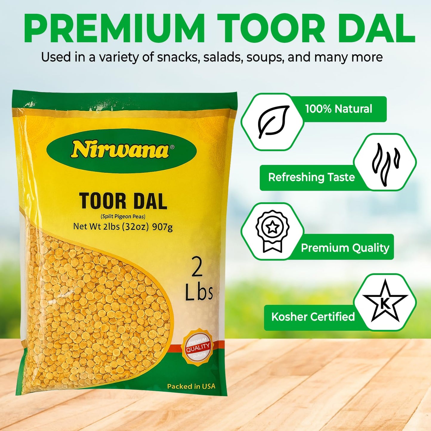 Nirwana Split Pigeon Peas (Toor Dal) – 2 lbs Bag | Premium Yellow Lentils for Curries & Soups