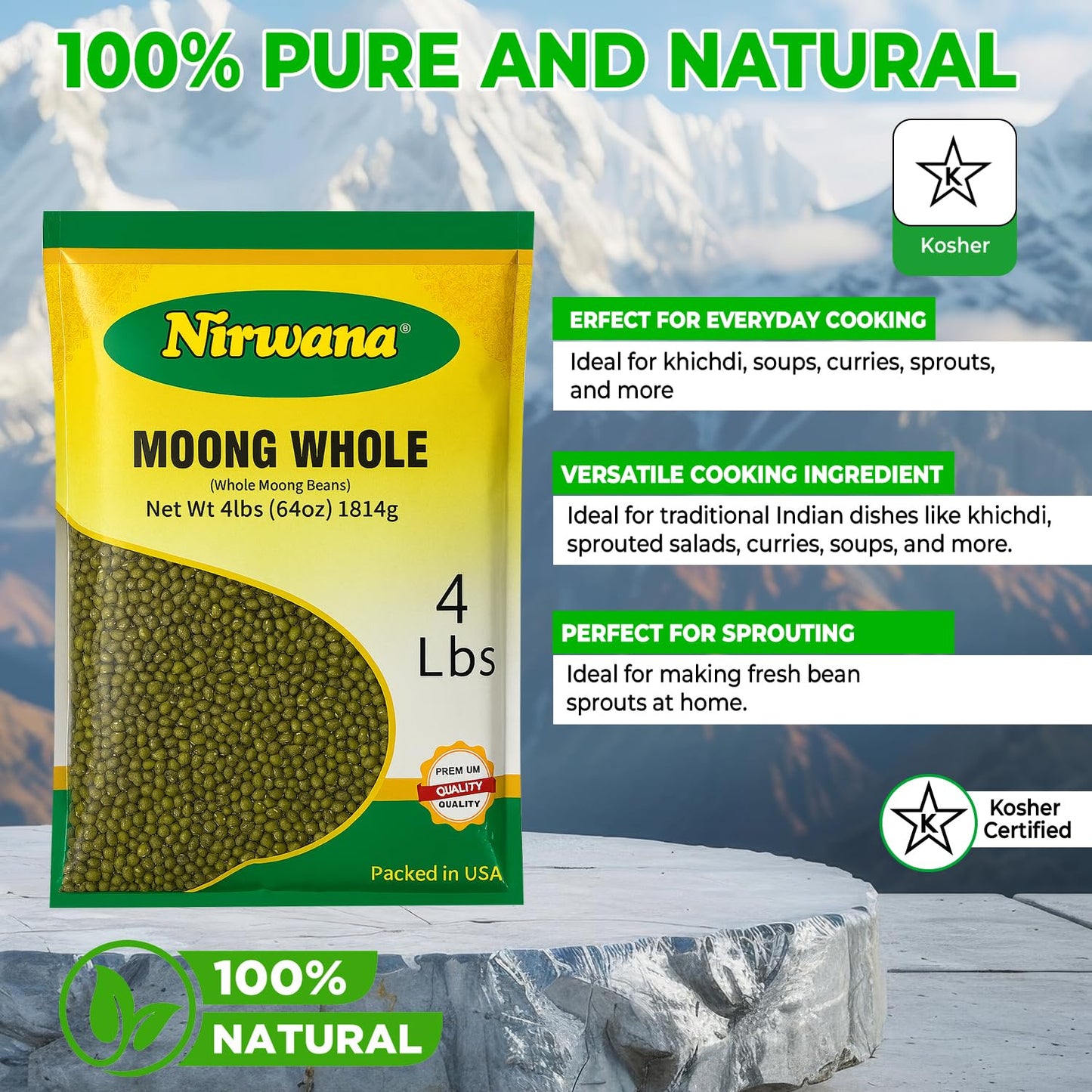 Nirwana Whole Moong Beans (Moong Whole) – 4 lbs Bag | Premium Green Mung Beans for Soups & Curries