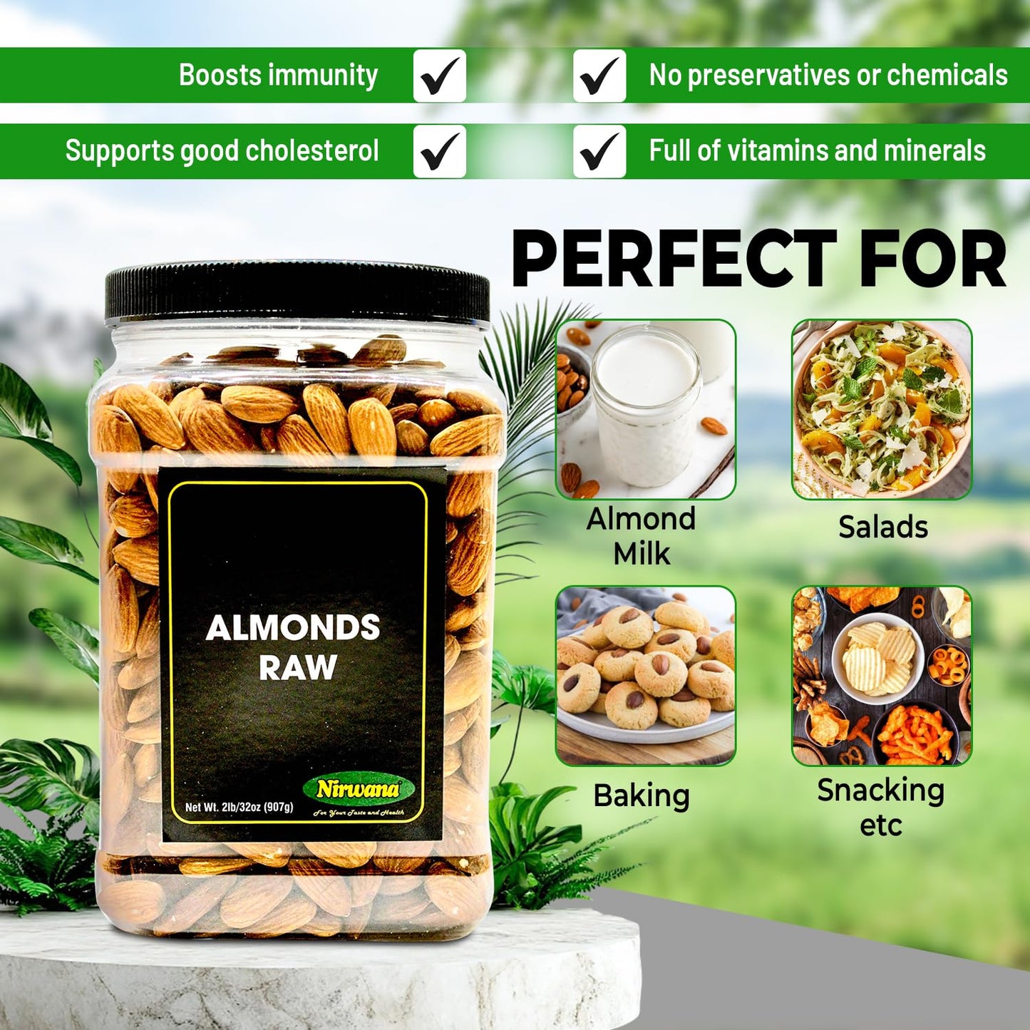 Raw Almond – Premium Quality & Unsalted| Packed with Vitamin E, Protein, and Fiber | Perfect for Healthy Snacks, Baking, Trail Mix, & Charcuterie Boards | 32 oz by Nirwana