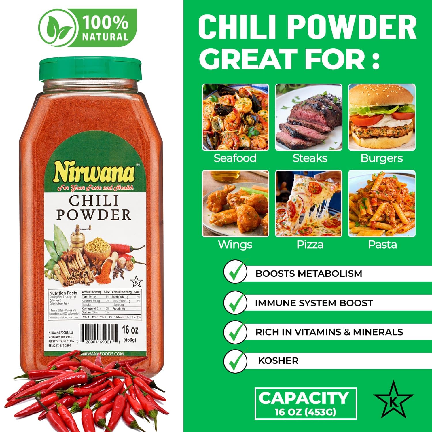 Premium Red Chili Powder – Fiery, Fresh & Pure – Ground Chili Pepper – Perfect for Mexican, Indian, and Asian Dishes – Ideal for Tacos, Enchiladas, Stews, Marinades & More – 16 oz Jar by Nirwana