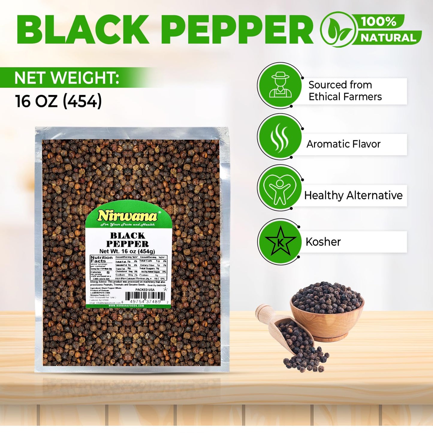Whole Black Pepper – Bold & Aromatic Pepper for Grinders, Cooking & Seasoning | Ideal for Steaks, BBQ, Soups, and More 16 oz Pouch By Nirwana