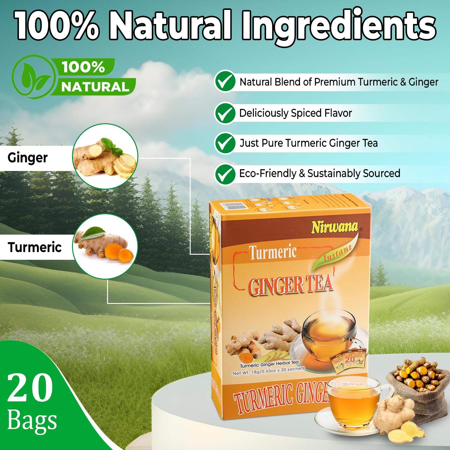 Turmeric Ginger Tea – Warming Herbal Blend with Spices – Soothing & Aromatic Loose Leaf or Tea Bags 20 Sachets
