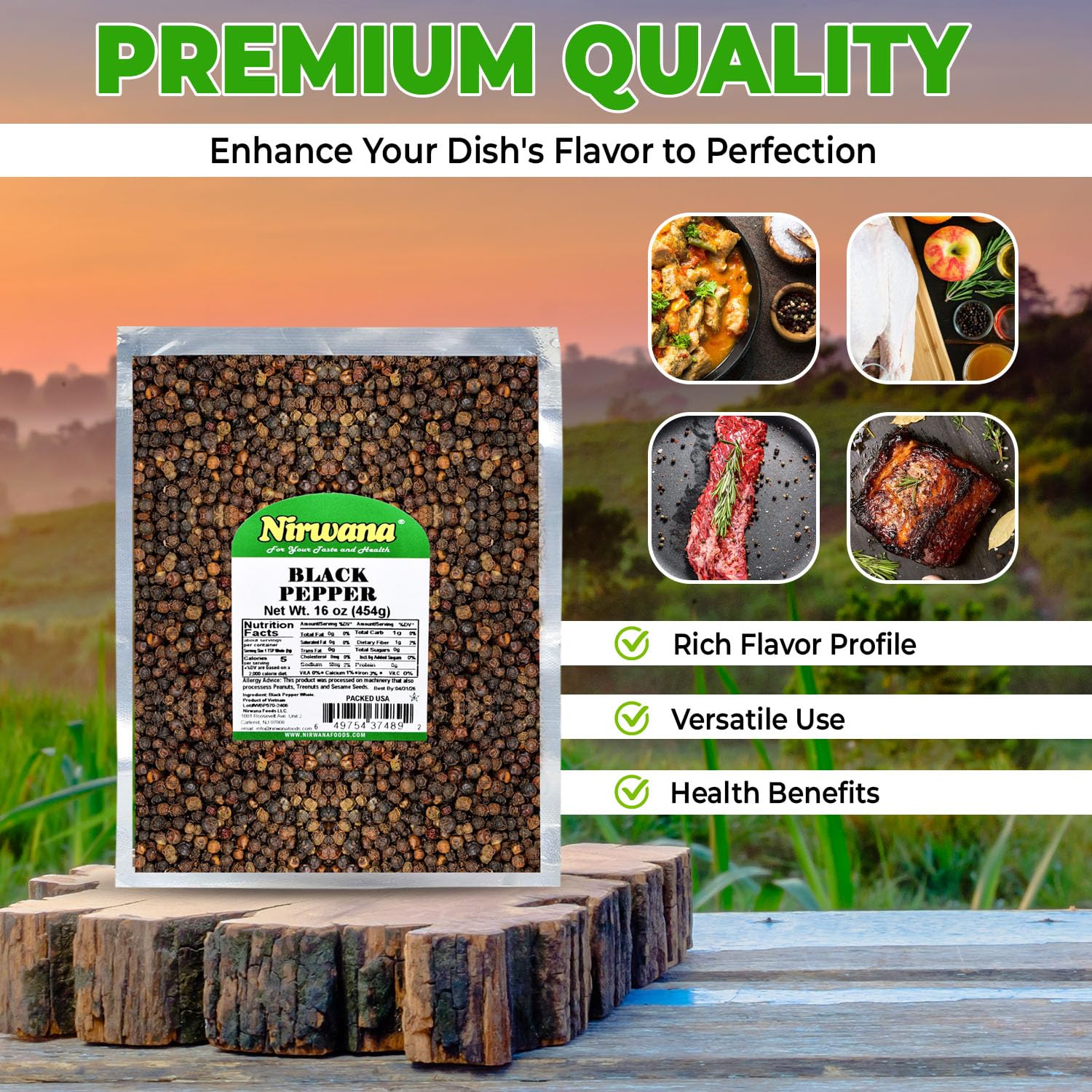 Whole Black Pepper – Bold & Aromatic Pepper for Grinders, Cooking & Seasoning | Ideal for Steaks, BBQ, Soups, and More 16 oz Pouch By Nirwana