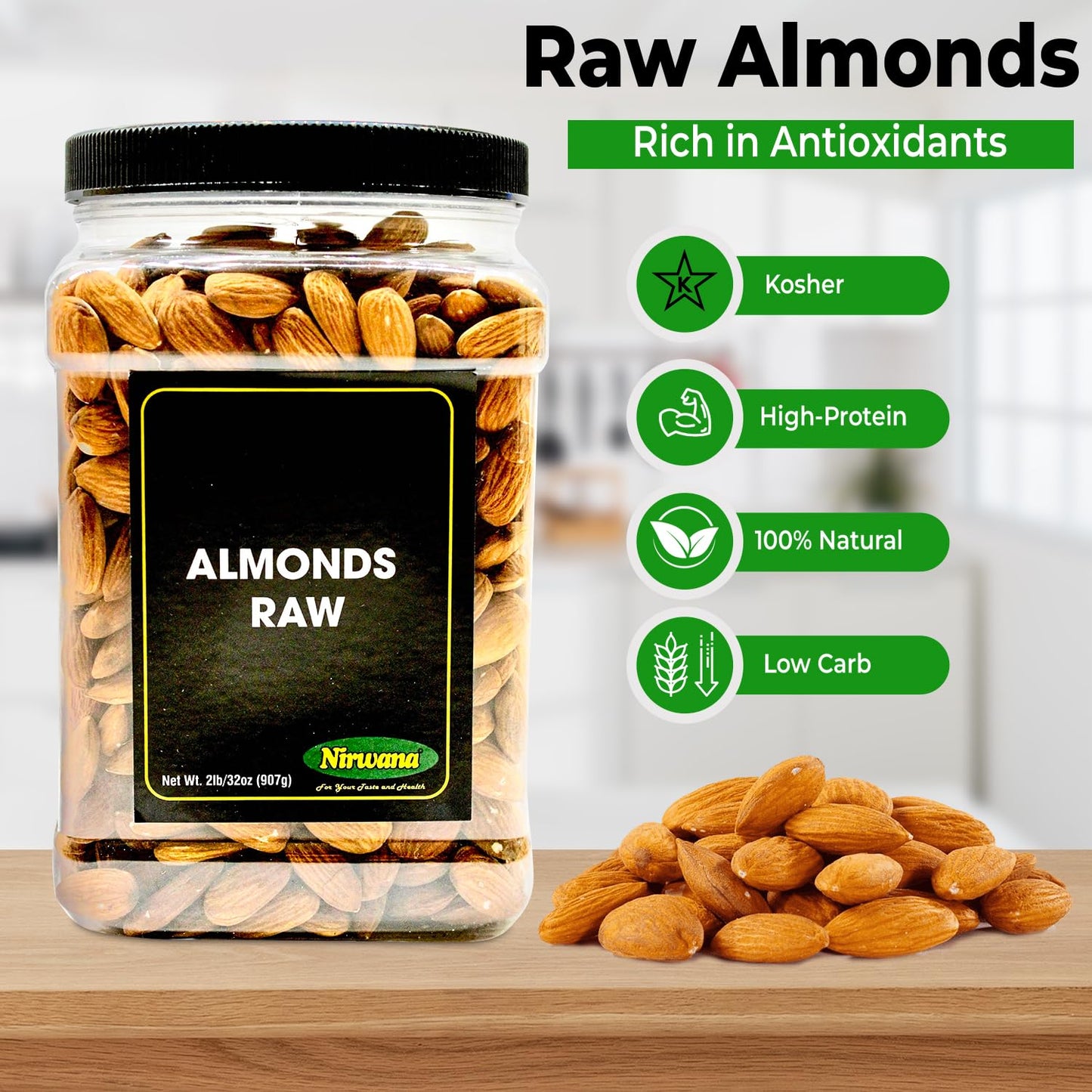 Raw Almond – Premium Quality & Unsalted| Packed with Vitamin E, Protein, and Fiber | Perfect for Healthy Snacks, Baking, Trail Mix, & Charcuterie Boards | 32 oz by Nirwana