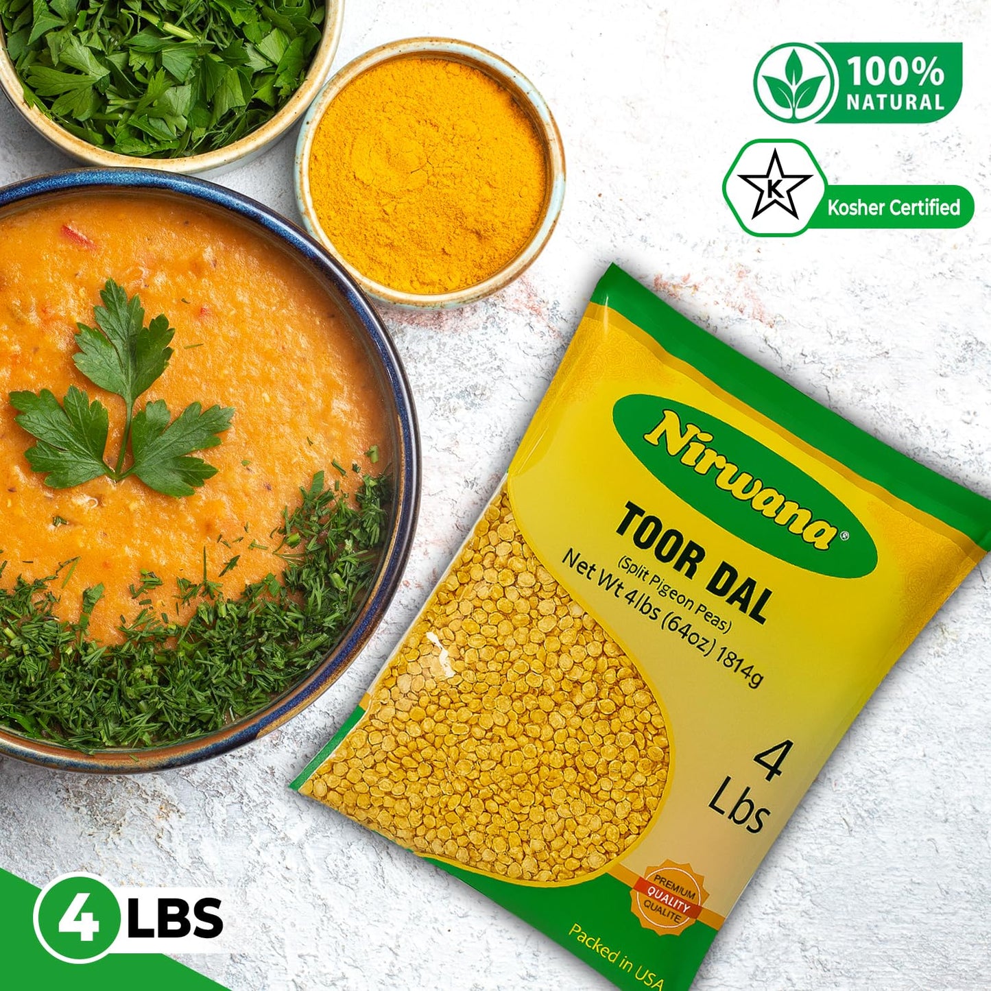 Nirwana Split Pigeon Peas (Toor Dal) – 4 lbs Bag | Premium Yellow Lentils for Curries & Soups