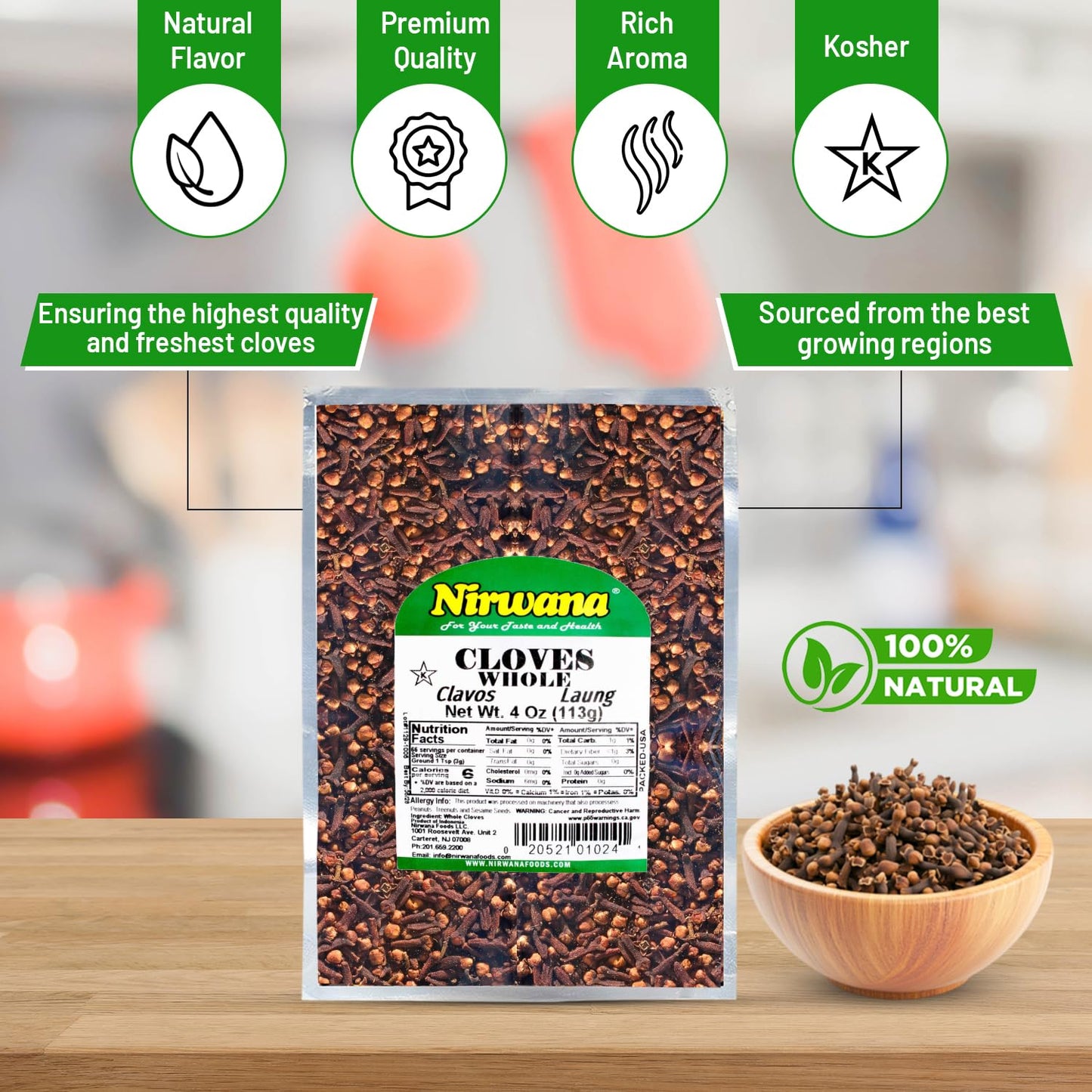 Nirwana Cloves Whole – 4oz (113g) Pouch | Luang • Clavo | Premium Whole Cloves for Cooking, Baking, Tea & Spice Blends