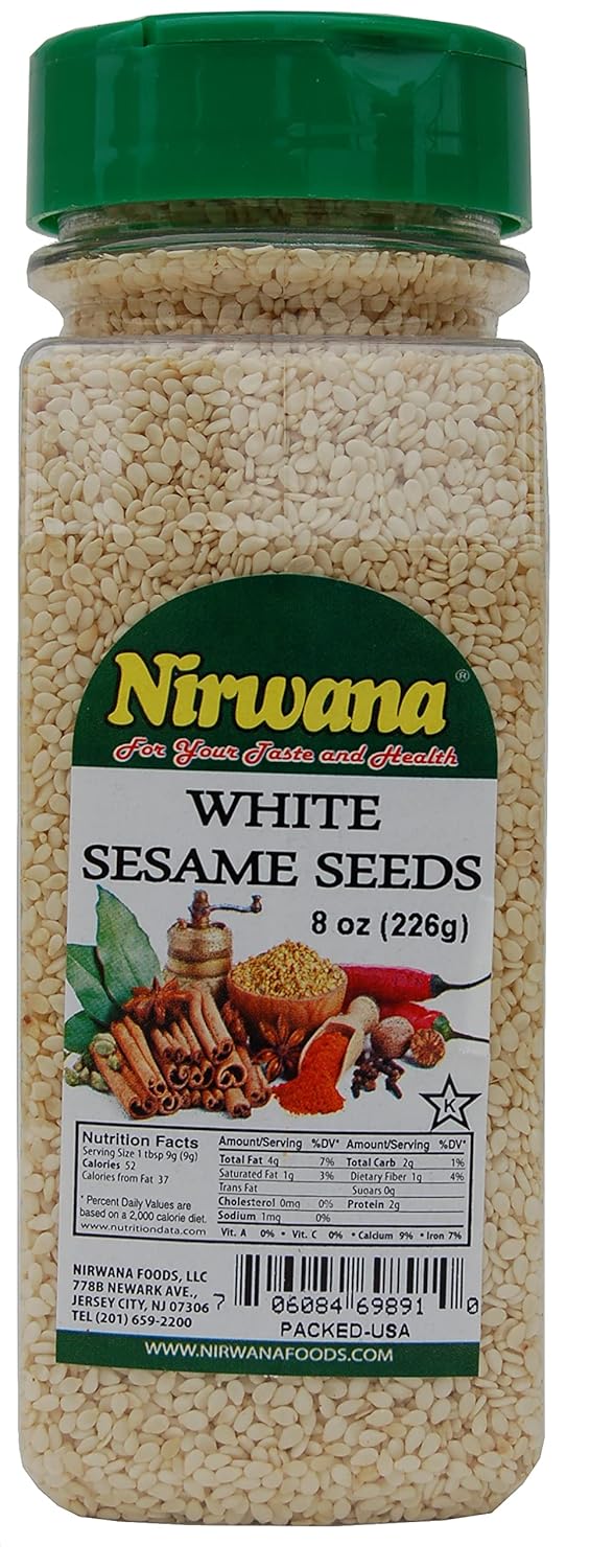 White Sesame Seeds Premium Raw and Untoasted | Perfect for Cooking, Baking, and Garnishing | Ideal for Hummus, Sushi, Bagels, and More | EBT Eligible Jar By Nirwana - 8 oz - Free of artificial preservatives or chemicals