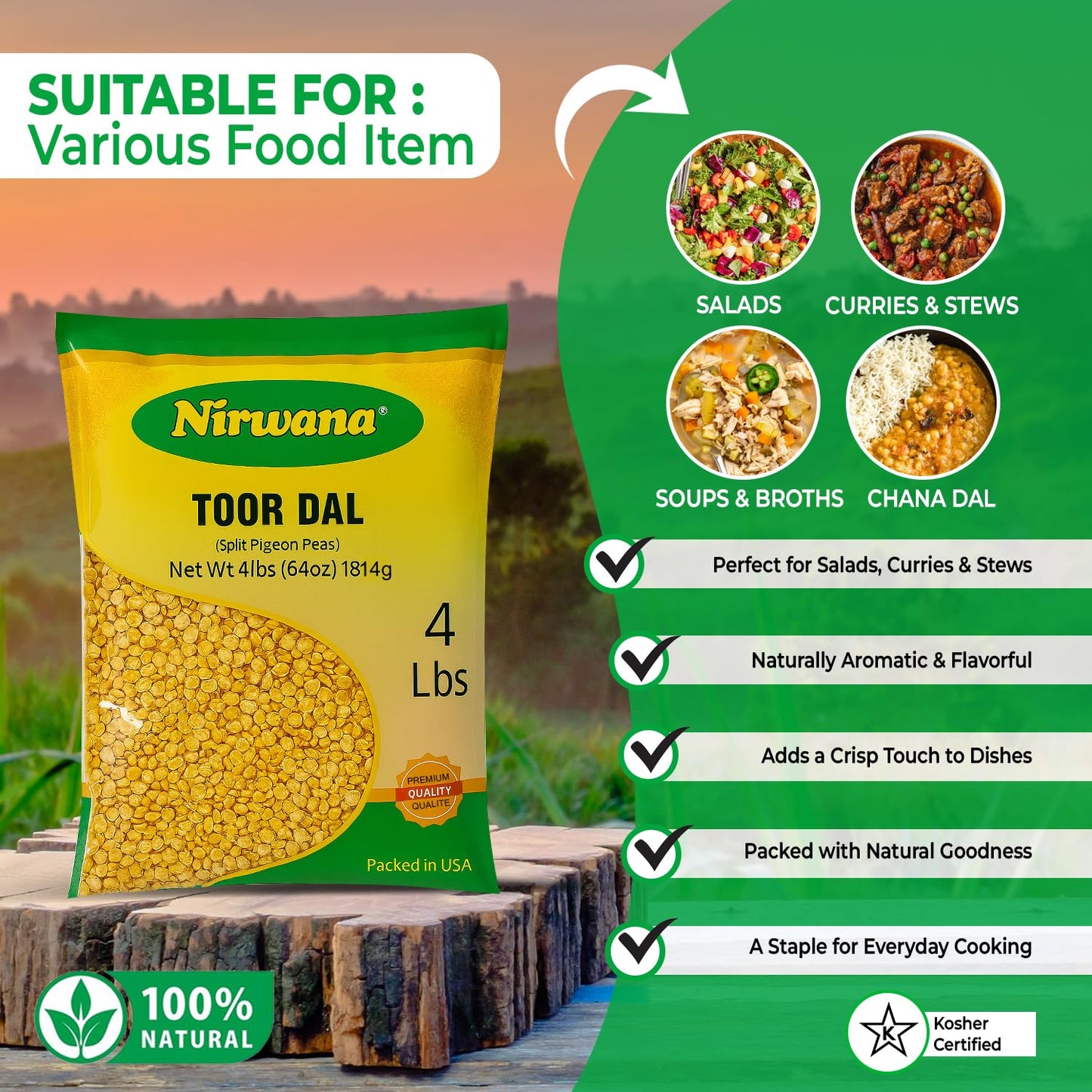 Nirwana Split Pigeon Peas (Toor Dal) – 4 lbs Bag | Premium Yellow Lentils for Curries & Soups