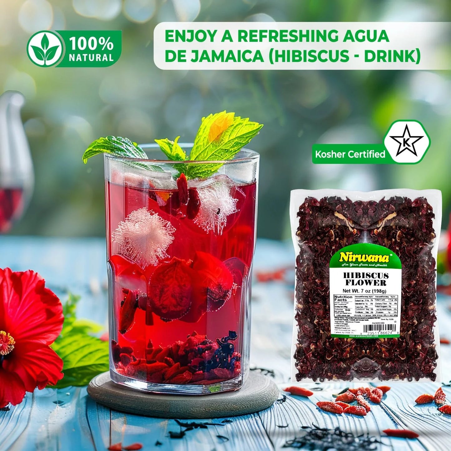 Nirwana Premium Dried Hibiscus Flowers – 1 lb Pouch | Herbal Tea & Culinary Use