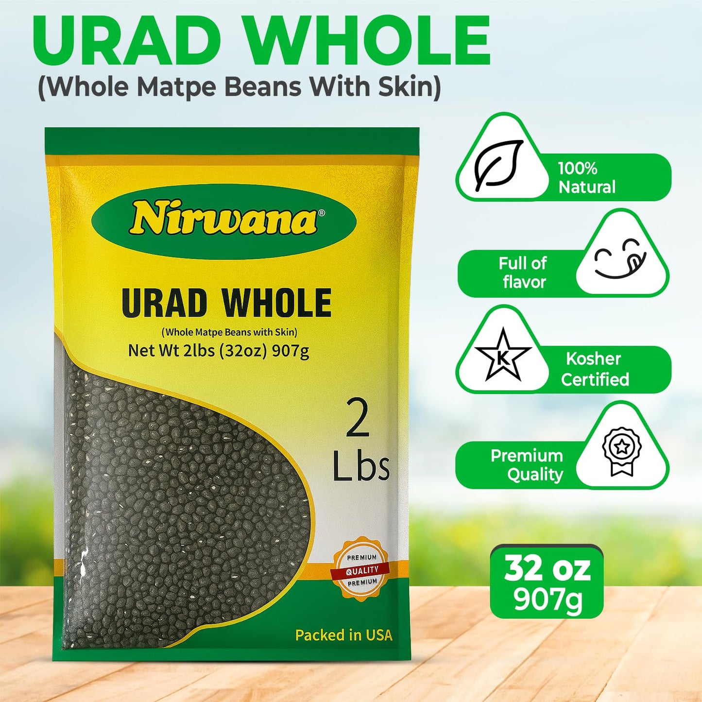 Nirwana Black Matpe Beans (Urad Whole) – 2 lbs Bag | Whole Urad Beans for Curries, Dal & Everyday Cooking