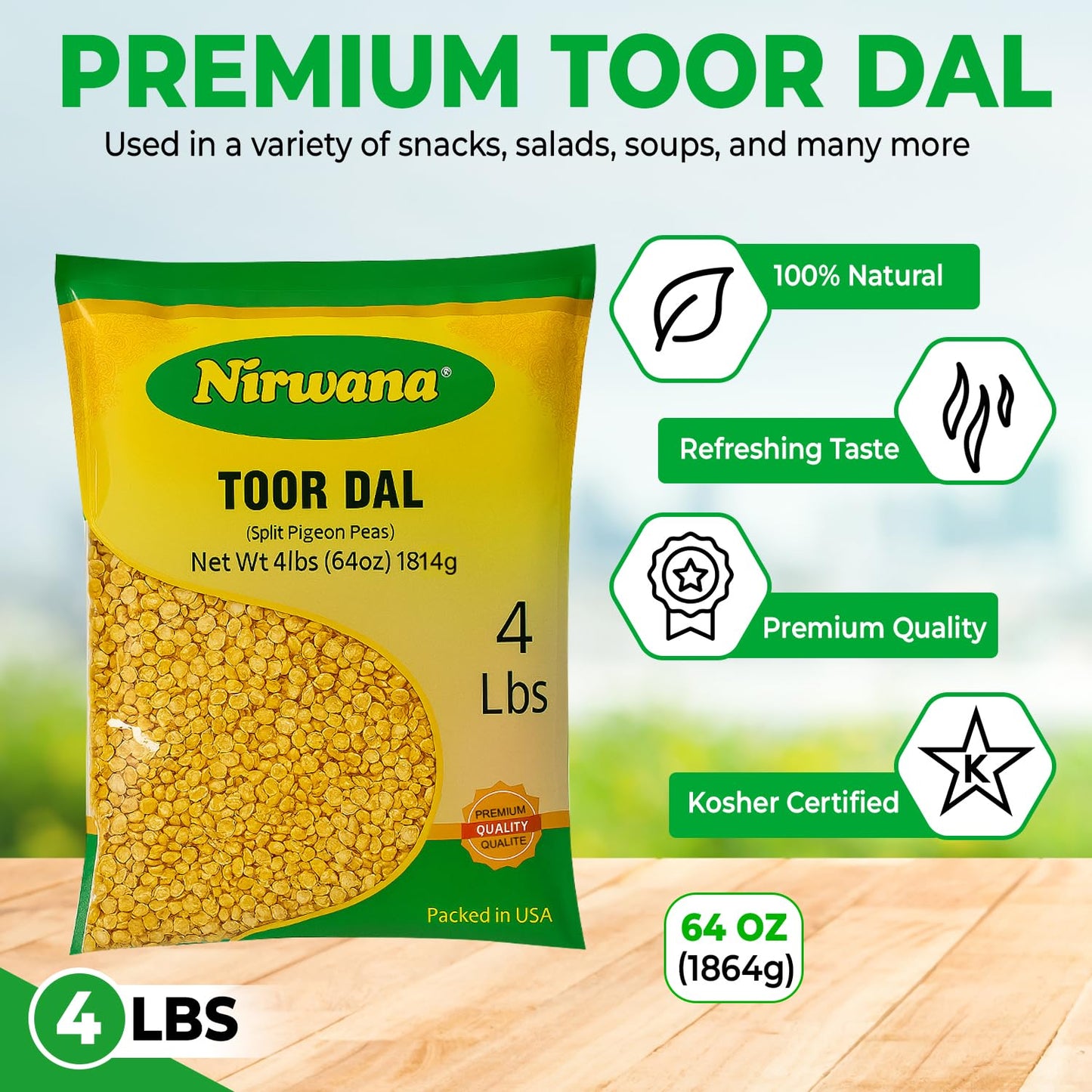 Nirwana Split Pigeon Peas (Toor Dal) – 4 lbs Bag | Premium Yellow Lentils for Curries & Soups