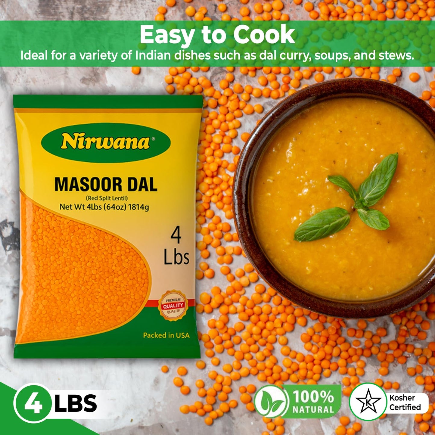 Nirwana Red Split Lentils (Masoor Dal) – 4 lbs Bag | Premium Red Lentils for Cooking & Soups