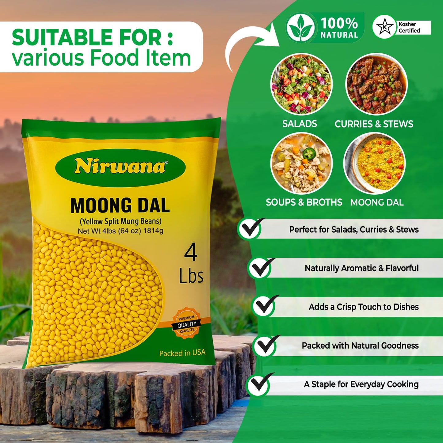 Nirwana Yellow Split Moong Beans (Moong Dal) – 4 lbs Bag | Premium Split Lentils for Cooking & Soups