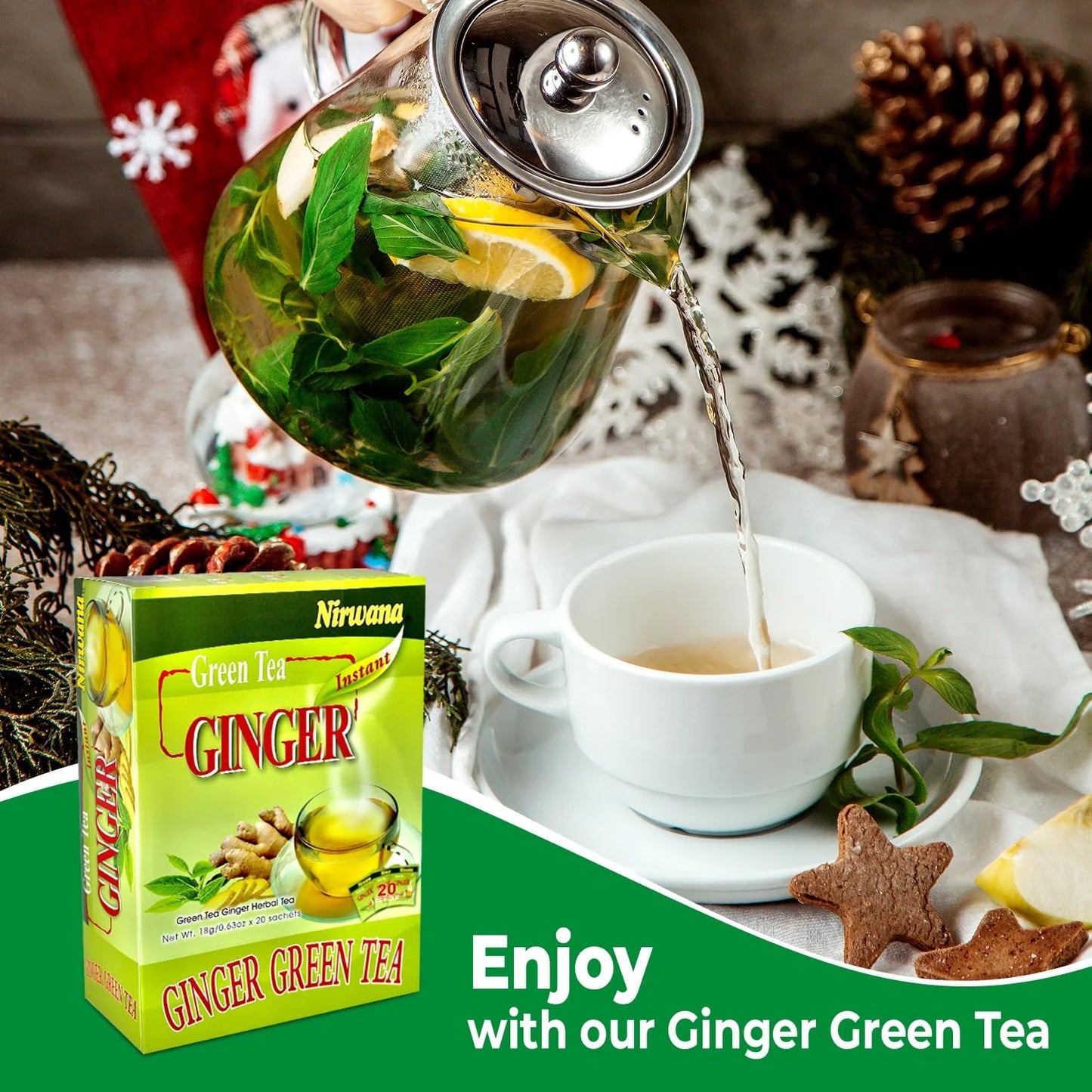 Nirwana Green Ginger Tea – Instant Tea Blend (10 & 20 Sachets) | Herbal Immune-Boosting Drink