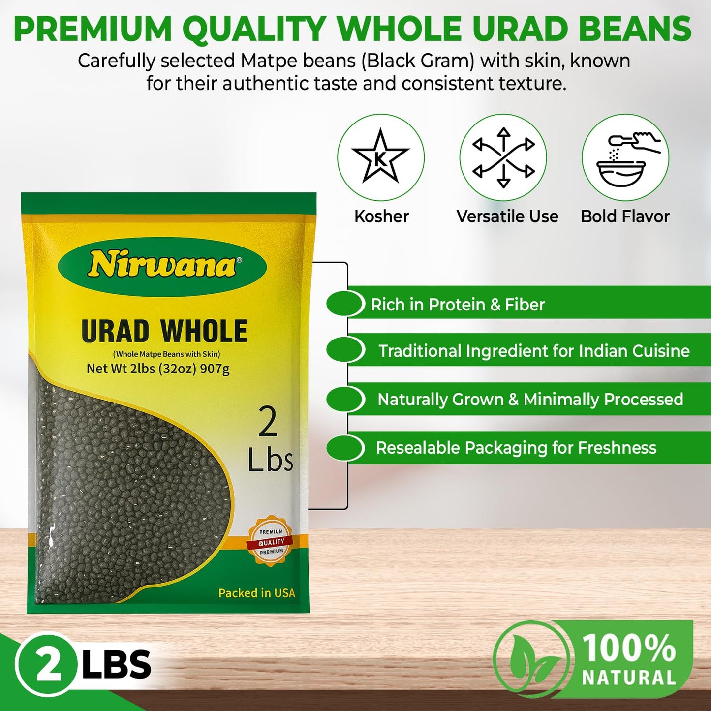 Nirwana Black Matpe Beans (Urad Whole) – 2 lbs Bag | Whole Urad Beans for Curries, Dal & Everyday Cooking