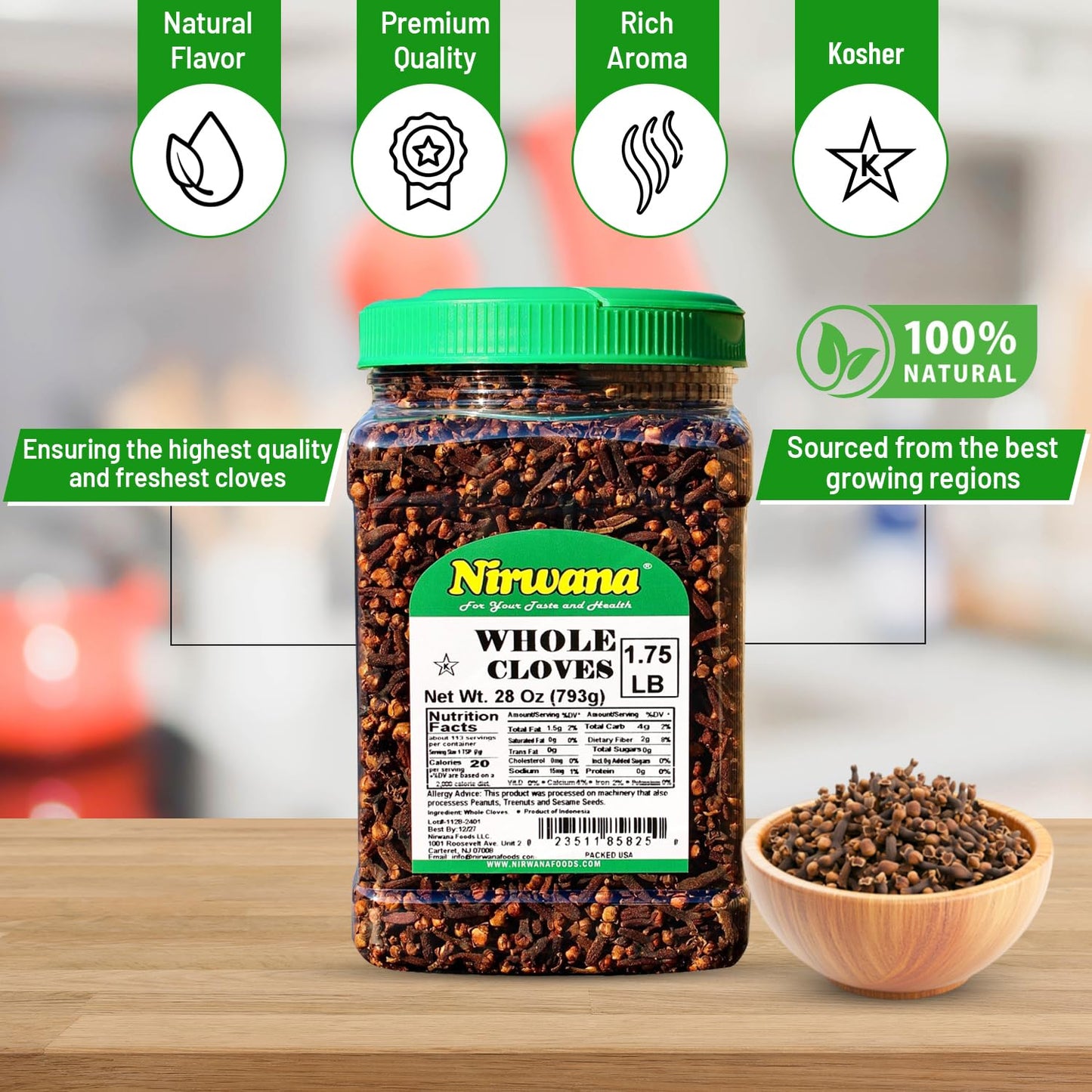 Nirwana Cloves Whole 1.75 lb | 28 oz | Laung | Clavo | (793g) Premium Quality for Cooking, Baking, and Beverages, Hand Selected, Spice ~ All Natural | Ideal for Spices and Seasoning