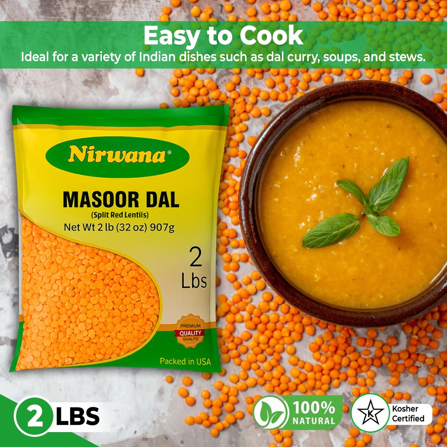 Nirwana Red Split Lentils (Masoor Dal) – 2 lbs Bag | Protein-Rich Pantry Staple for Soups & Curries