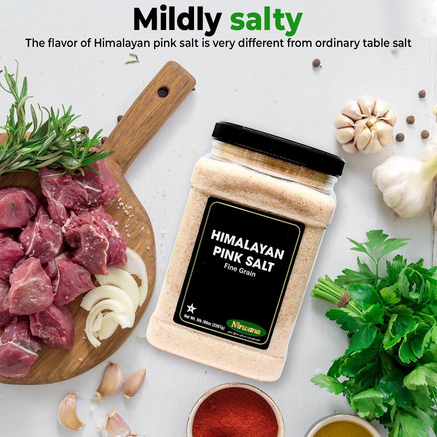 Nirwana Himalaya Pink Salt Fine - Plastic Jar - Sourced From the richest mineral mines in the Himalayan Mountains! – Flaky, & Mineral-Rich – Compatible with Spice Grinders & Salt Shakers 5lb