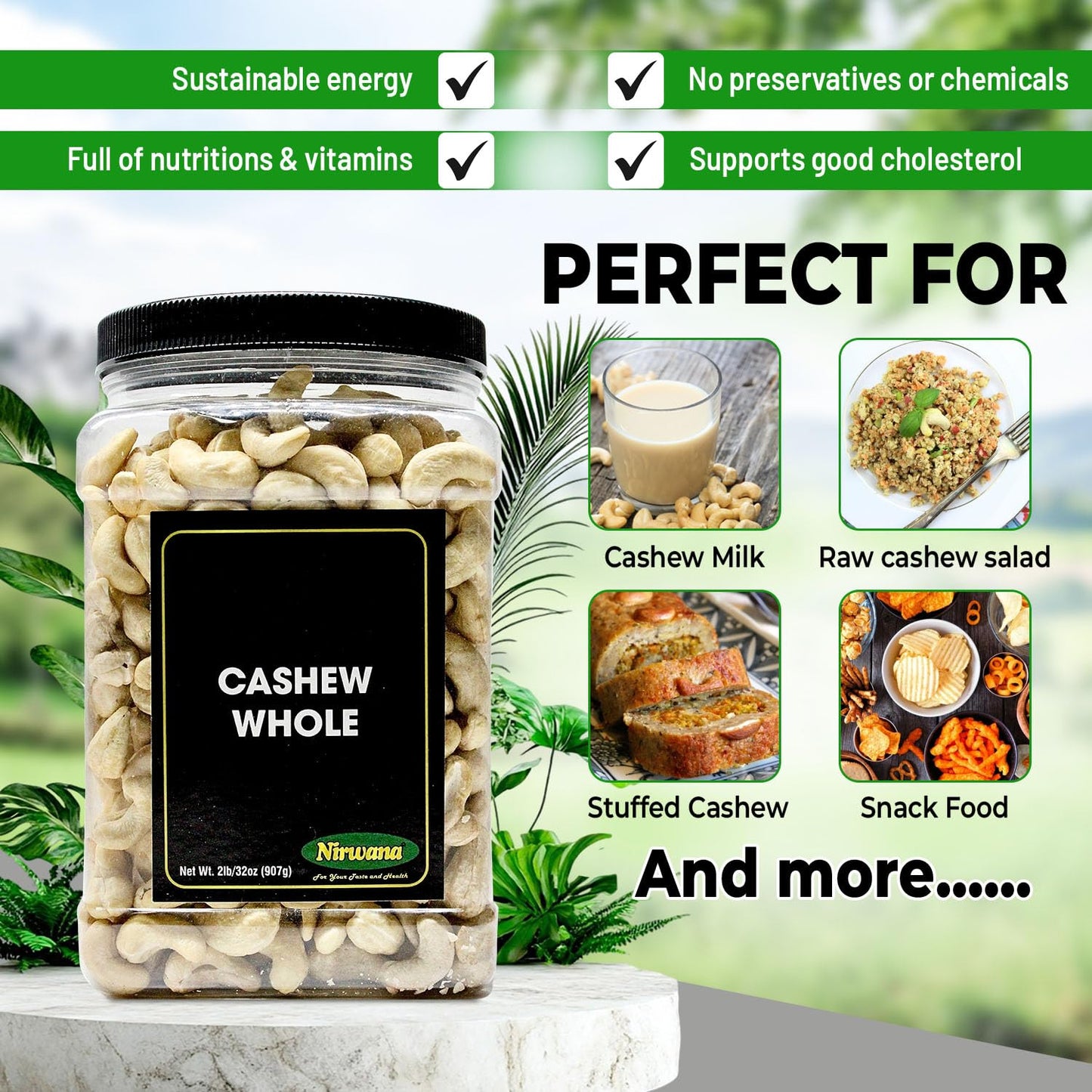 Raw Cashew – Premium Whole Nuts, Unsalted | Perfect for Snacks, Baking, and Dairy-Free Recipes | Keto-Friendly, High in Protein | 32 oz by Nirwana