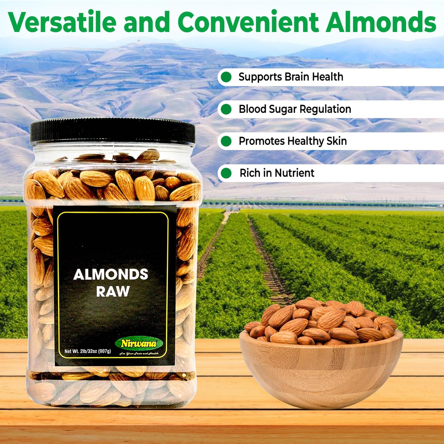 Raw Almond – Premium Quality & Unsalted| Packed with Vitamin E, Protein, and Fiber | Perfect for Healthy Snacks, Baking, Trail Mix, & Charcuterie Boards | 32 oz by Nirwana