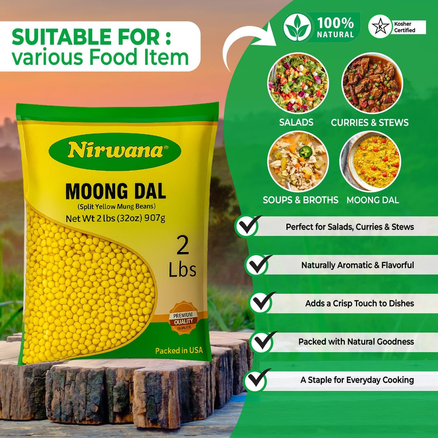 Nirwana Yellow Split Moong Beans (Moong Dal) – 2 lbs Bag | Protein-Rich Lentils for Indian Cooking & Soups