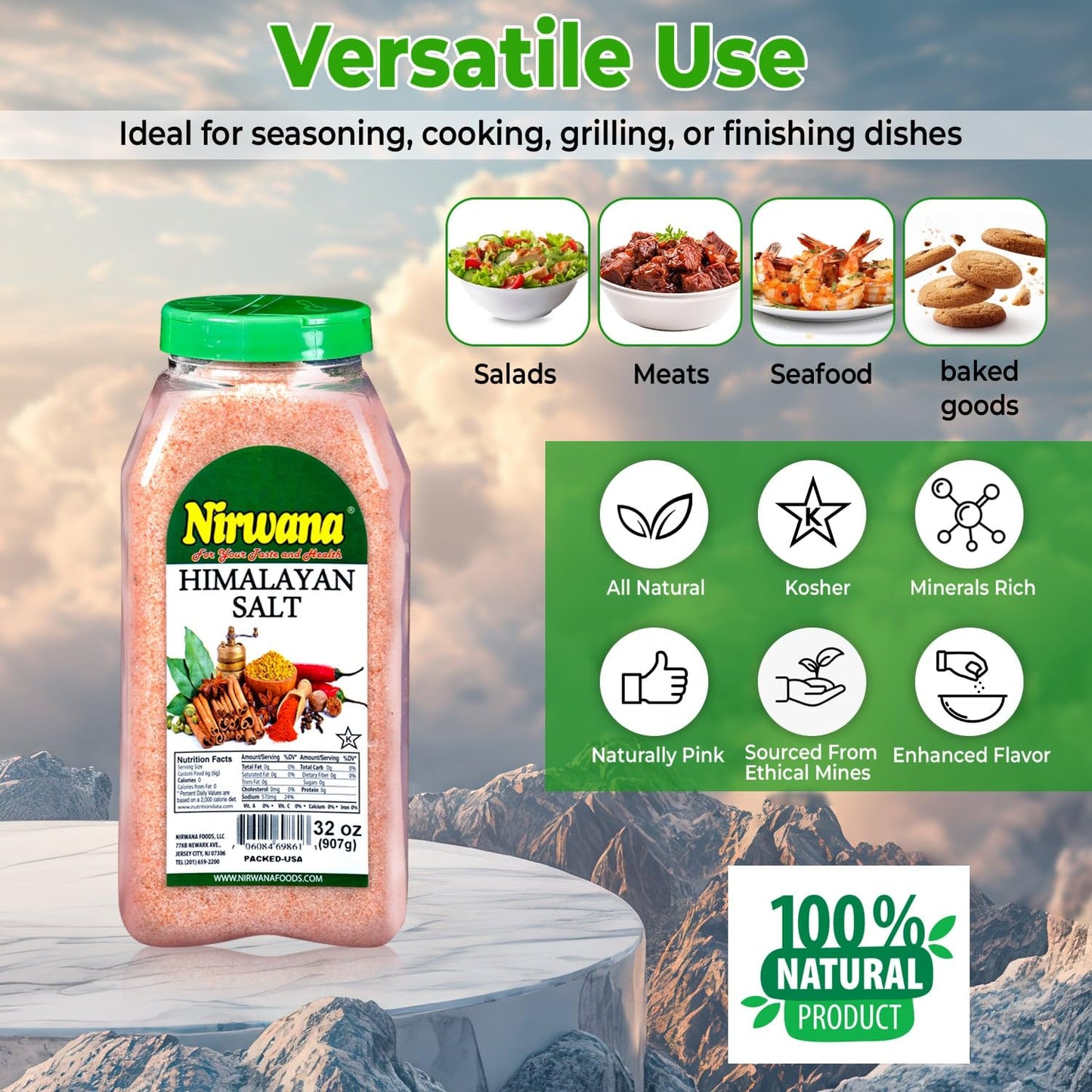 Nirwana Himalaya Pink Salt Fine 32 oz - Plastic Jar - Flaky, & Mineral-Rich – Compatible with Spice Grinders & Salt Shakers