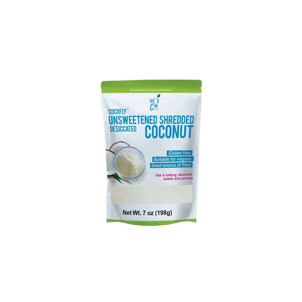 Cocofly Unsweetened Shredded Coconut – 7oz (No Added Sugar, Resealable Pack)
