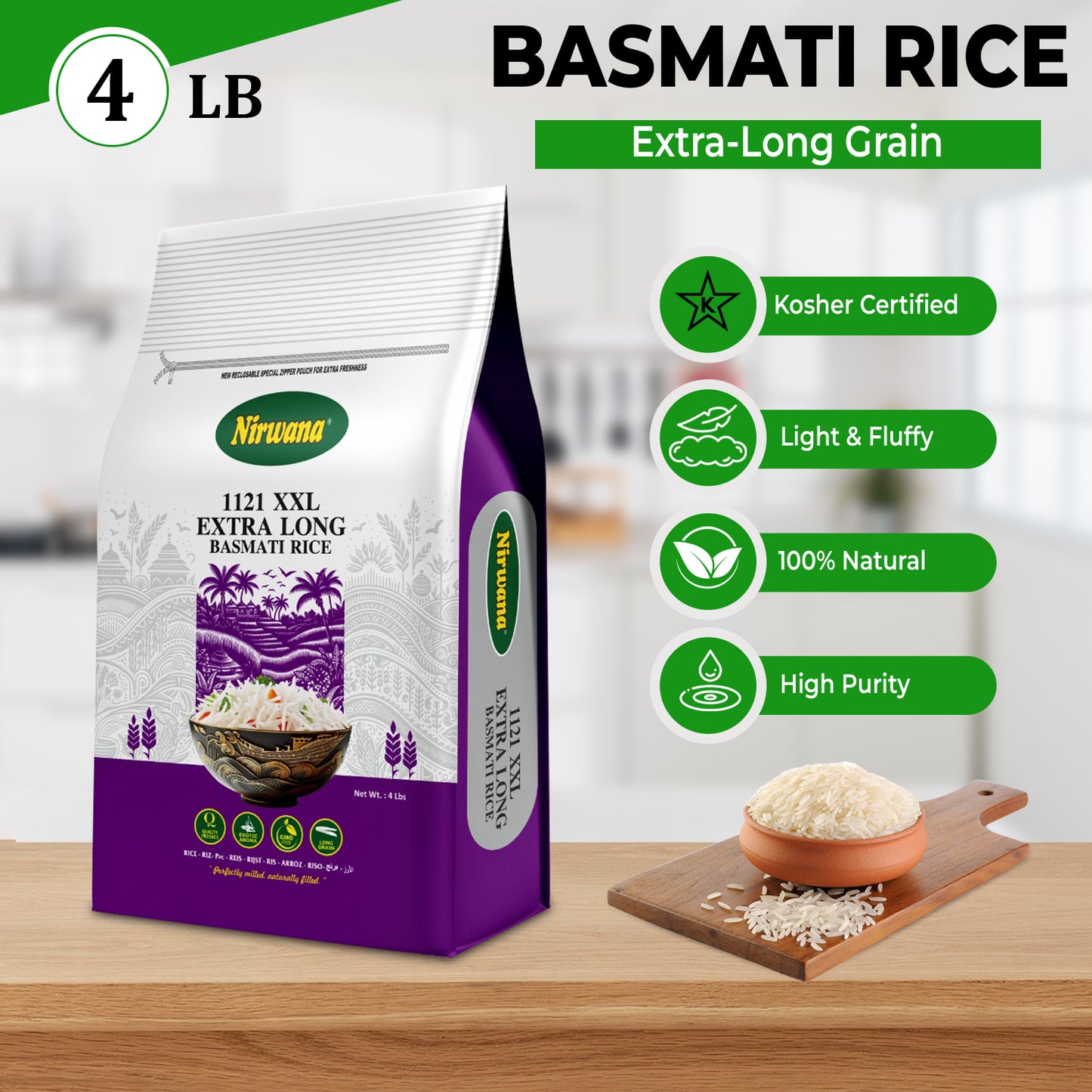Nirwana – Naturally Aged Authentic Long Grain White Basmati Rice – 4 lbs