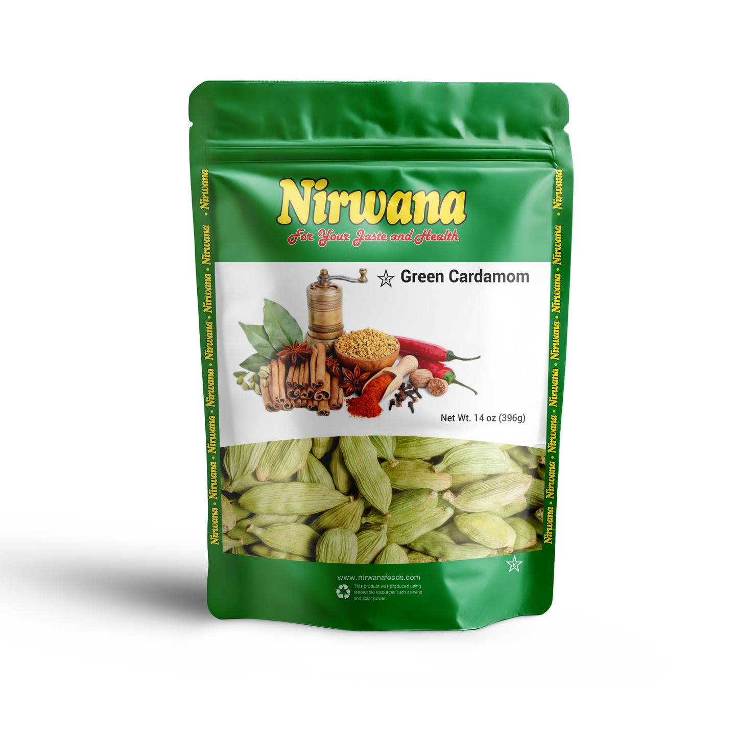 Nirwana Green Cardamom 14 oz – Premium Whole Pods, Sweet & Aromatic Flavor for Tea, Baking, Curries & Spice Blends, Resealable Stand-Up Pouch
