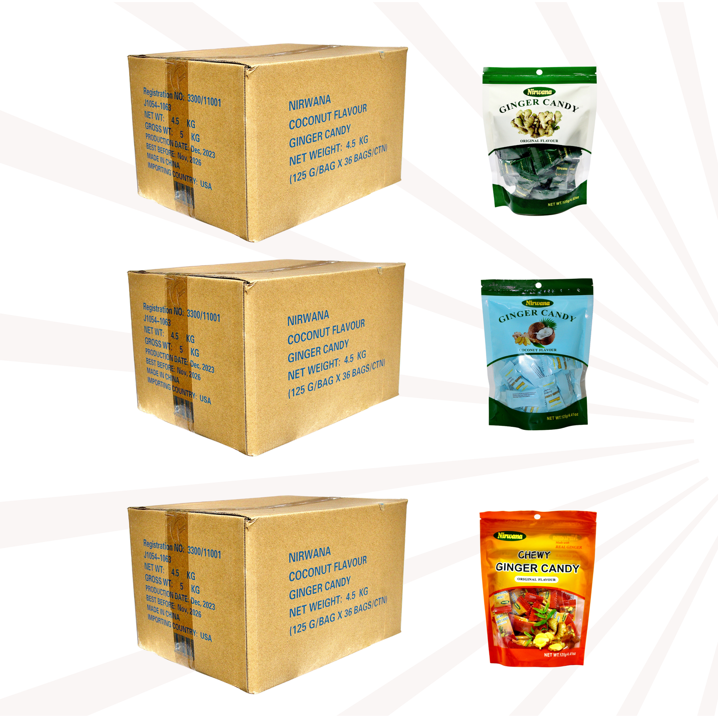 Master Case – Nirwana Ginger Candy – Original, Chewy Sweet & Spicy & Coconut Flavors – Individually Wrapped for Freshness – Bulk Natural Candy for Travel and Everyday Enjoyment 125g/4.02oz Each