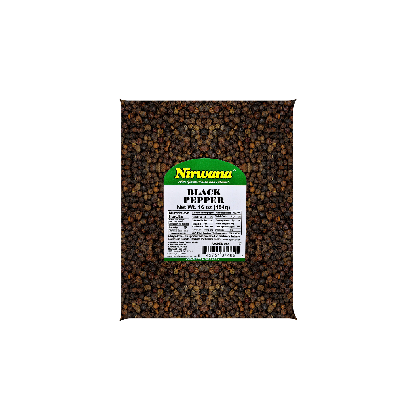 Nirwana Black Pepper Whole – 16oz (1lb / 454g) Pouch | Fresh, Aromatic Peppercorns for Cooking & Seasoning
