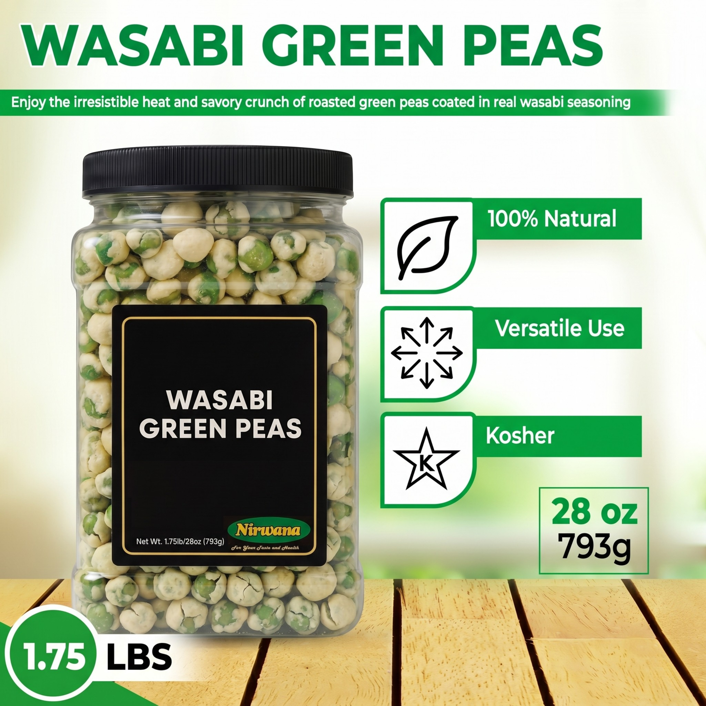 Nirwana Wasabi Green Peas – Crunchy & Spicy Snack (Large Jar)