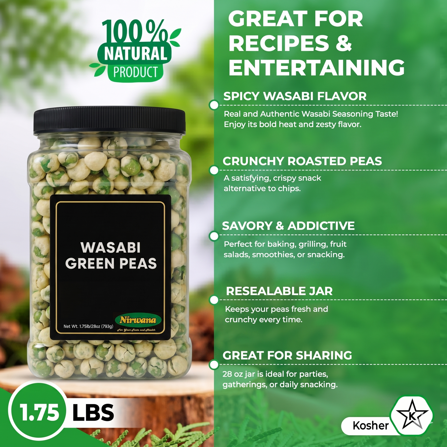 Nirwana Wasabi Green Peas – Crunchy & Spicy Snack (Large Jar)